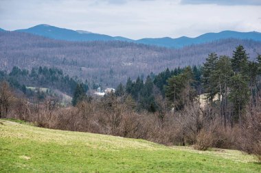 Slovenya 'nın Predjama kentindeki dağları, tepeleri ve renkli ormanları gezin.