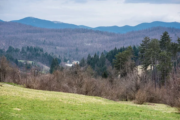 Slovenya 'nın Predjama kentindeki dağları, tepeleri ve renkli ormanları gezin.