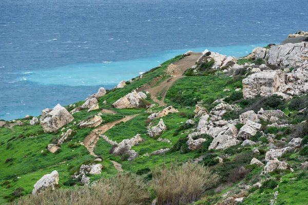 Pohled Zelenou Krajinu Skalami Středozemním Mořem Pozadí Selmun Malta — Stock fotografie