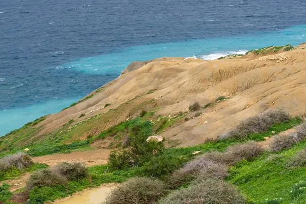 Detalle Rocas Arenosas Colinas Acantilados Mar Mediterráneo Alrededor Selmun Malta — Foto de Stock