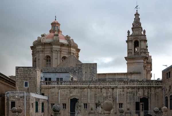 Mdina Malta 2022 Katolska Katedralens Fasad Kupol Och Torn — Stockfoto