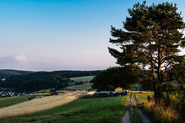 Vista Panorâmica Paisagem Rural Alemã Pouco Antes Anoitecer Verão Mespelbrunn — Fotografia de Stock