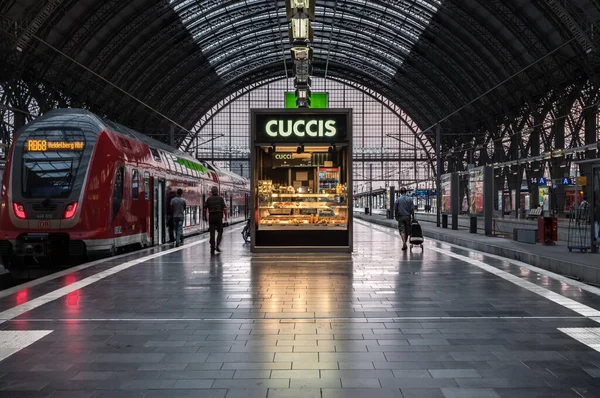 法兰克福主要城市 2018年7月23日 旅客在主要火车站的月台上步行前往等候的慢车 — 图库照片