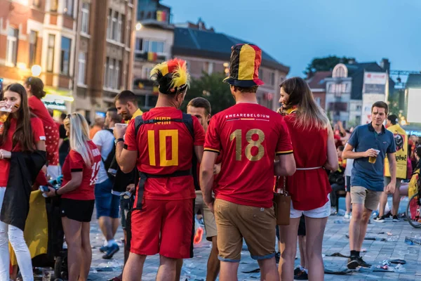 Jette Brusel Belgie 2018 Belgičtí Fotbaloví Fanoušci Slaví Belgické Vítězství — Stock fotografie