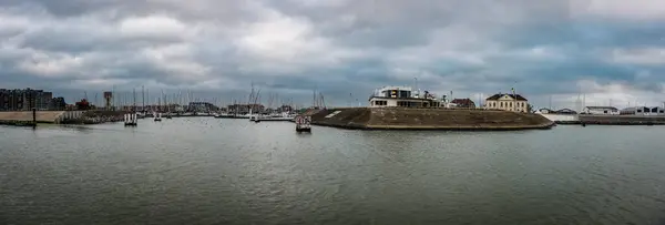 Blankenberge Flanders Belgium 2018 Wide Panoramic View Port Heavy Clouds — Stock Photo, Image