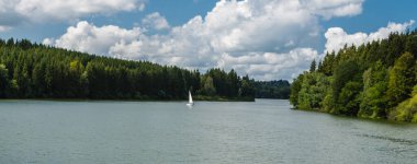 Butgenbach Gölü 'nün panoramik manzarası su, orman ve mavi gökyüzü, Walloon Bölgesi, Belçika