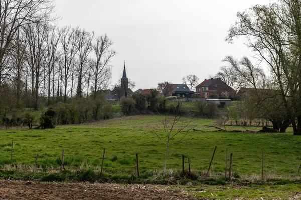 Kerkom, Limburg, Belçika - 04 02 2022 - Yeşil çayırlar, arka planda köyle birlikte tarım alanları