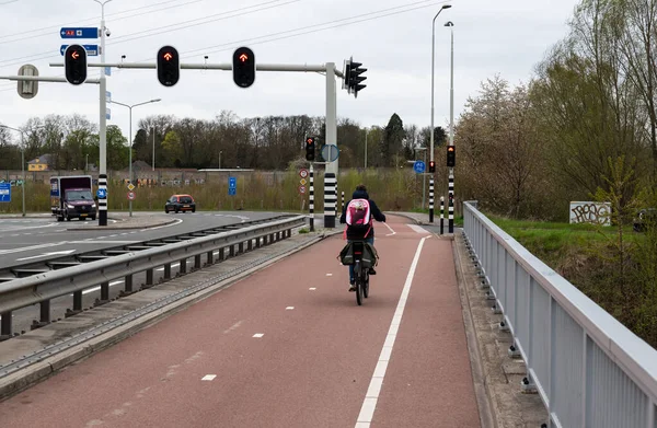 Maastricht, Limburg - The Neteherlands - 04 05 2022 - Mother driving a bike over a double laned path over the highway bridge
