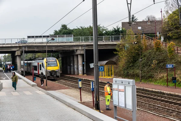 Zellik Flanders Belçika 2019 Tren Istasyonuna Varıyor — Stok fotoğraf