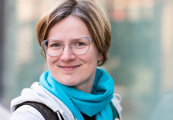 Mirrored Portrait Year Old White Woman Standing Glass Window Brussels — Stockfoto