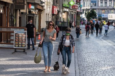 Brüksel Eski Kenti, Brüksel Başkent Bölgesi - Belçika - 05: 18 2020 Anne ve Kızı Brüksel 'in eski caddelerinde köpeği gezdiriyorlar