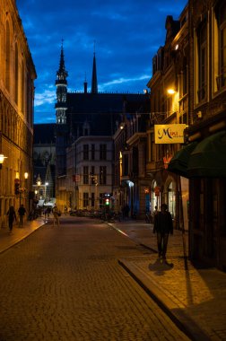 Leuven, Flaman Brabant Bölgesi, Belçika - 07 01 2022 - Eski kentin taş kaldırım sokakları geceleyin