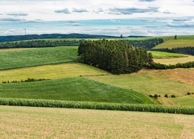 Belçika 'nın Burg-Reuland yakınlarındaki Doğu-Belçika kırsalının tarım tarlaları ve çayırları üzerine panoramik manzara