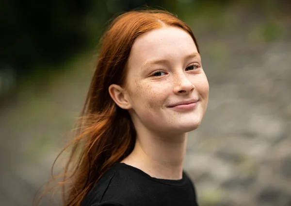 Red Haired Twelve Year Old Girl Freckles Posing Nature Bokeh —  Fotos de Stock