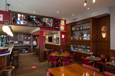 Lier, Antwerp Province, Belgium - 07 08 2022 - Wooden interior design of a traditional cafe