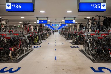 Zwolle, Overijssel, The Netherlands, 07 15 2022 - Interior of the underground bicycle parking lot at the railway station