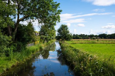 Creek around the village of Zwolle, Gelderland, the Netherlands with green trees reflecting against blue sky