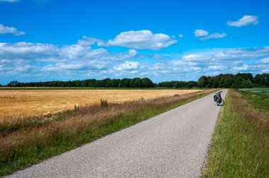 Norg, Drenthe, The Netherlands, 07 20 2022 - Road through the green and yellow and green fields over blue sky at the Dutch countryside