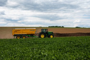 Bossut, Wallon Bölgesi, Belçika - 08 21 2022 - Tarım alanında pancar hasat eden sarı traktör