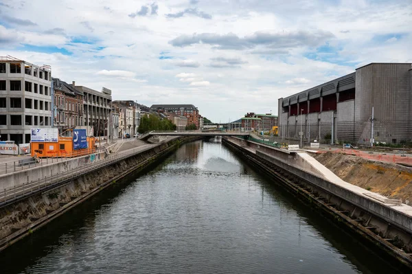Charleroi Região Wallon Bélgica 2022 Bancos Canal Marítimo Renovação Com — Fotografia de Stock