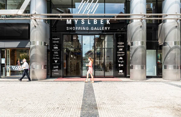 Praga República Checa 2020 Fachada Contemporánea Entrada Galería Comercial Myslbek — Foto de Stock