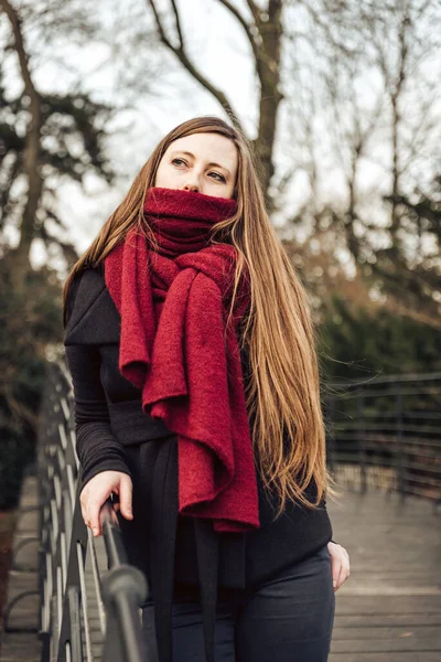 Outdoor Portrait Fashionable Woman Winter Clothes Posing Scenic City Park — Stock Photo, Image