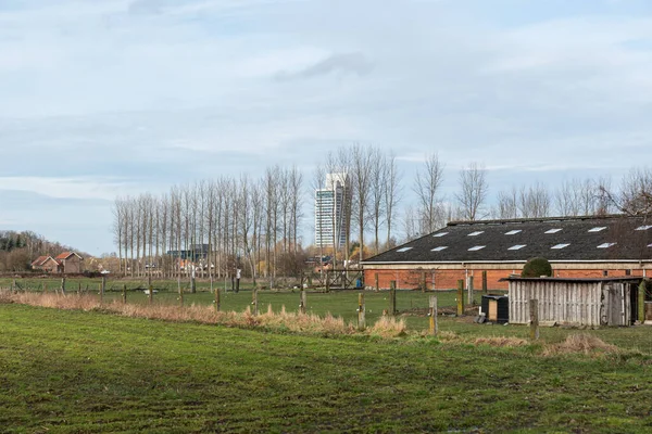 Ghent Flandres Bélgica 2021 Campos Agrícolas Com Torre Bancária Kbc — Fotografia de Stock
