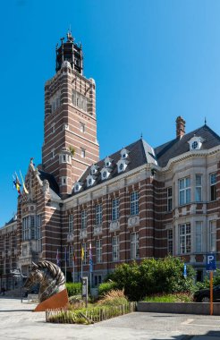 Dendermonde, Doğu Flanders Bölgesi, Belçika - 08 28 2021 Eski pazar meydanının ortaçağ kuleleri