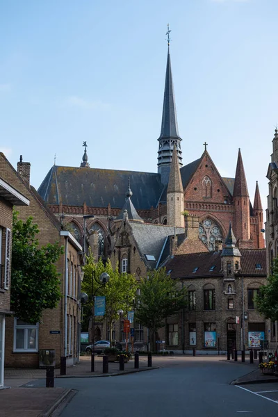 Veurne West Flanders Region Belgium 2021 View Street Historic Tower — стокове фото