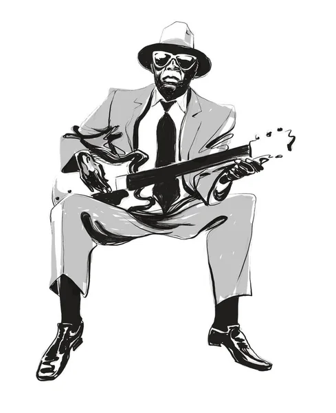 Silouette Illustration Blues Man Playing Guitar Whitebackground — Foto Stock
