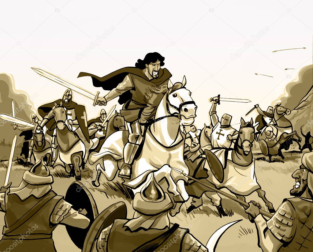 Illustration of  battle of Christian vs Muslim crusades.