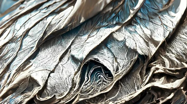 The digital painting is of a gray wrinkled foil in a closeup shot. The wrinkles in the foil are highlighted in the painting, and the background is blurred to give the painting a sense of depth.