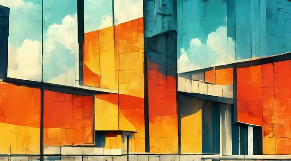 The painting is set against a backdrop of a modern building roof in suncolor. The foreground is filled with a variety of abstract shapes and colors. The overall effect is one of movement and energy.