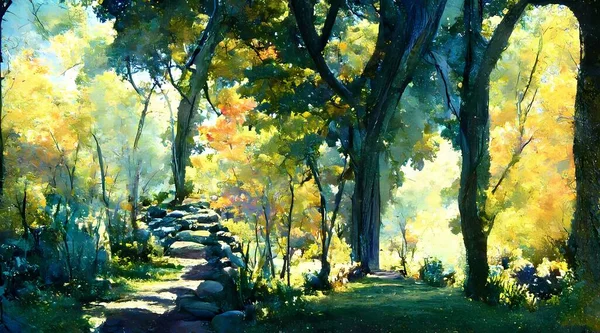 The painting is a beautiful landscape of a path in a green forest in summer. The path is winding through the trees and there is a bright blue sky above. The colors are very vibrant and the painting has a lot of movement.