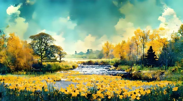 The digital painting is a summer meadow landscape watercolor wallpaper illustration. The colors are very bright and vibrant, and the overall scene is very peaceful and serene.
