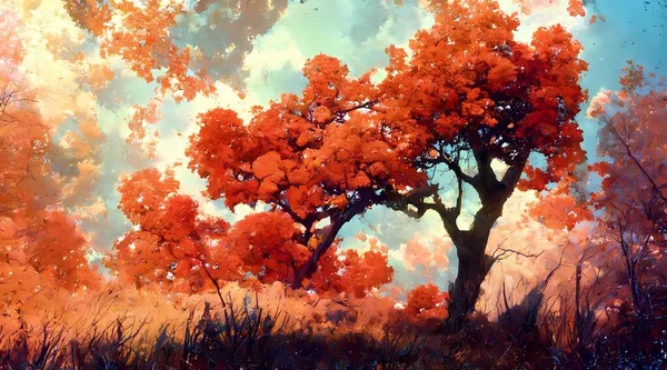 The digital painting is a d render of a maple tree in a poppy landscape. The tree is in full bloom, with vibrant red and orange leaves. The landscape is dotted with red and orange poppies, adding to the autumnal feel of the piece.