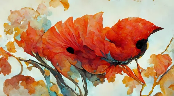 The digital painting is a d render of a maple tree in a poppy landscape. The tree is in full bloom, with vibrant red and orange leaves. The landscape is dotted with red and orange poppies, adding to the autumnal feel of the piece.