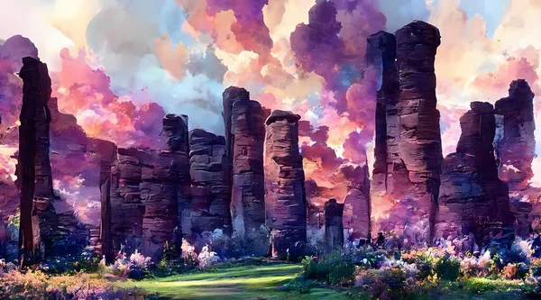 The digital painting has a purple sky with swirls of pink and blue. The landscape is a mix of mountains, forests, and fields. There is a river running through the middle of the painting.