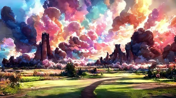 The digital painting has a purple sky with swirls of pink and blue. The landscape is a mix of mountains, forests, and fields. There is a river running through the middle of the painting.