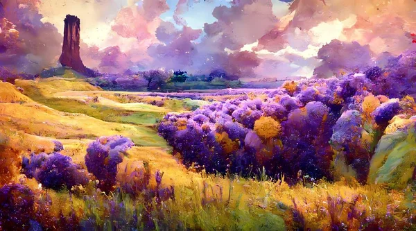The digital painting has a purple sky with swirls of pink and blue. The landscape is a mix of mountains, forests, and fields. There is a river running through the middle of the painting.