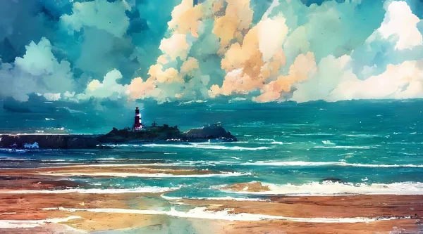 The painting is composed of a digital sea landscape with a beach sky and sun. The sun is setting and the sky is a beautiful orange color. The waves are crashing onto the shore and the sand is a golden color.