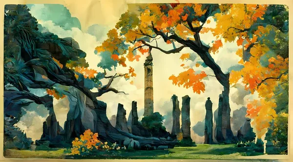 The digital painting is a vector silhouette of a deciduous forest landscape. The colors are muted and the focus is on the shapes of the trees and the way they are arranged in the landscape.