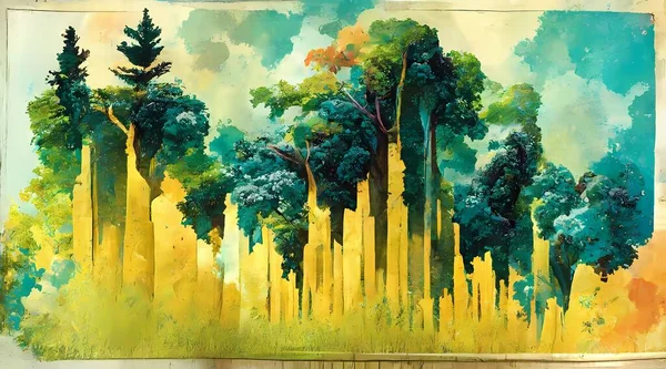 The digital painting is a vector silhouette of a deciduous forest landscape. The colors are muted and the focus is on the shapes of the trees and the way they are arranged in the landscape.