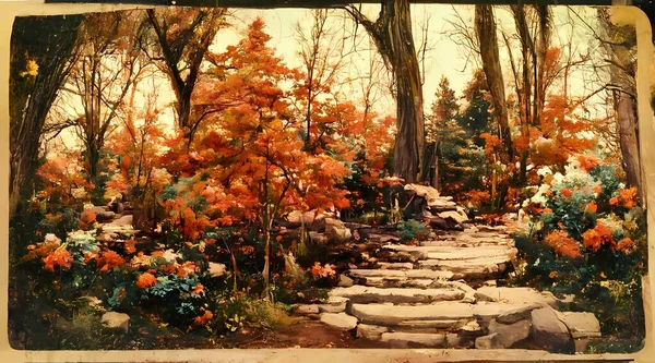 The path is lined with trees on either side, and their leaves are turning a beautiful red and orange. The sun is setting in the sky, and the whole scene is bathed in a warm, golden light.