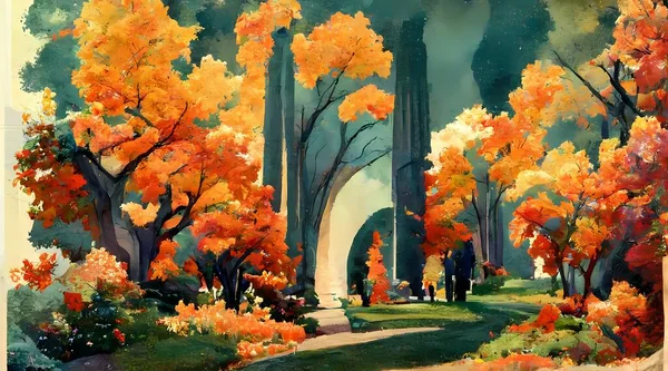 The path is lined with trees on either side, and their leaves are turning a beautiful red and orange. The sun is setting in the sky, and the whole scene is bathed in a warm, golden light.