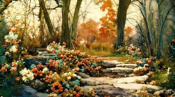 Oil painting autumn landscape with autumn leaves in fo