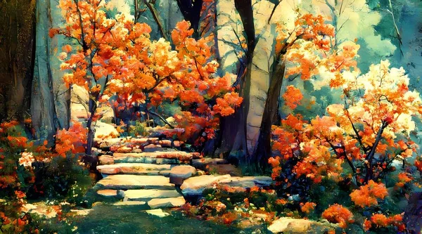 Oil painting autumn landscape with autumn leaves in fo