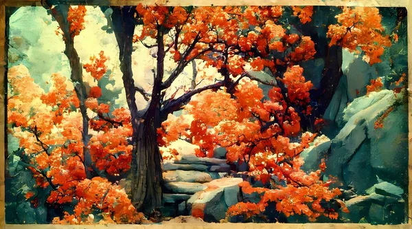 Oil painting autumn landscape with autumn leaves in fo