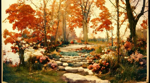 Oil painting autumn landscape with autumn leaves in fo