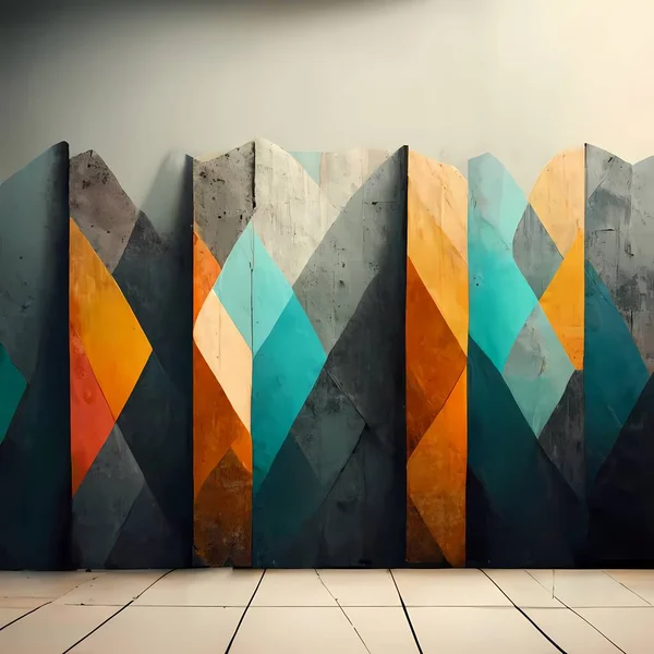 The painting has a rough, industrial feel to it, with a concrete texture and a geometric structure pattern. It\'s a digital painting, so it has a bit of a computer-generated look to it.